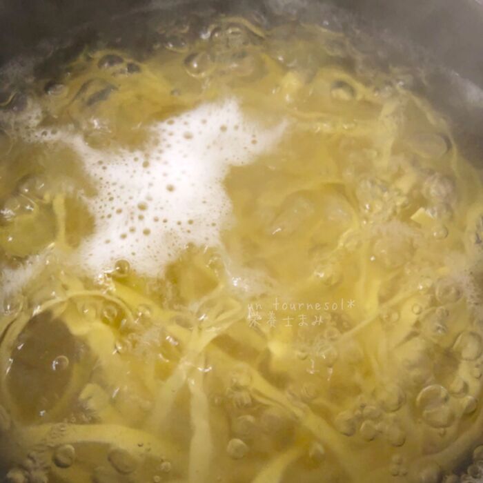 ➁ソースと絡める時に加熱するので、気持ち少し硬いぐらいがオススメ☆