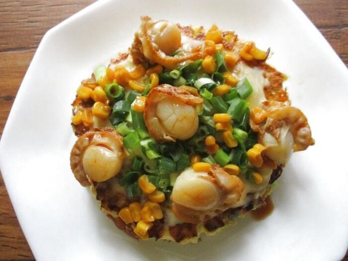 お豆腐と白菜の新食感のお好み焼き♡チーズとろ~り!バター醤油のコーン&ベビーホタテのお好み焼き♪