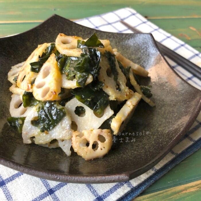 動脈硬化予防に!れんこんワカメのマスタードマヨ炒め