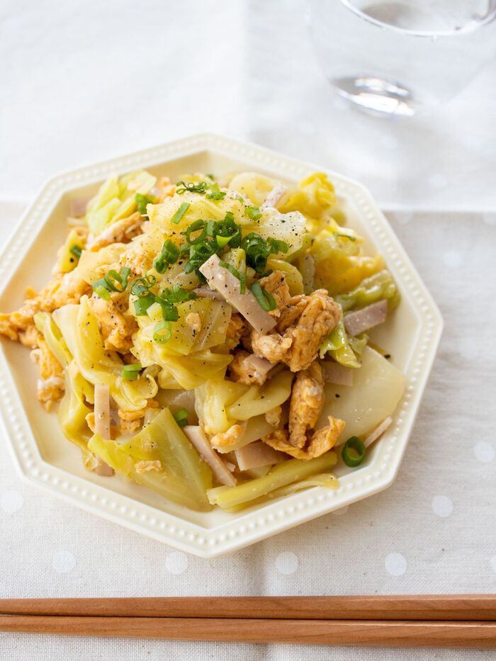 『キャベツと炒り卵の中華風和え』簡単。お弁当にも!