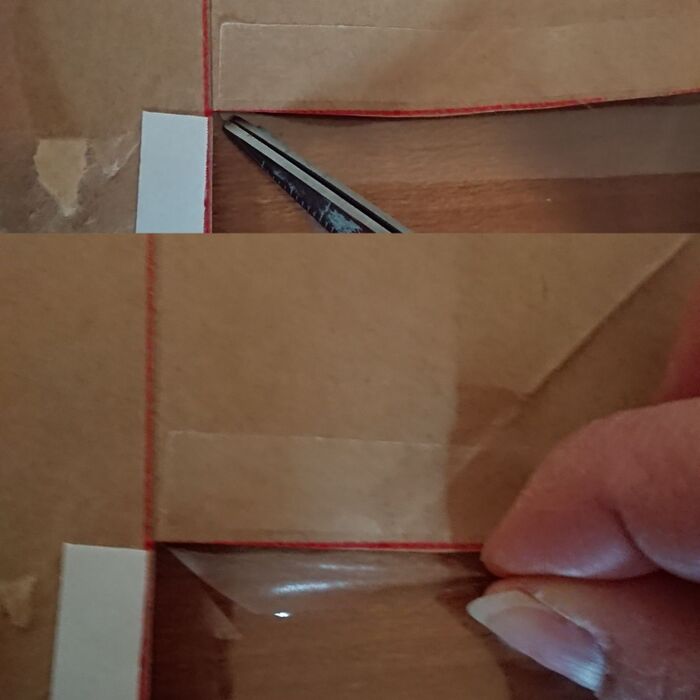箱の底の凹凸は、斜めに切り込みを入れて両面テープに貼っていきます。
