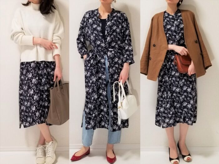 今買って1年中使える!2,990円のUNIQLOプリントシャツワンピで3コーデ