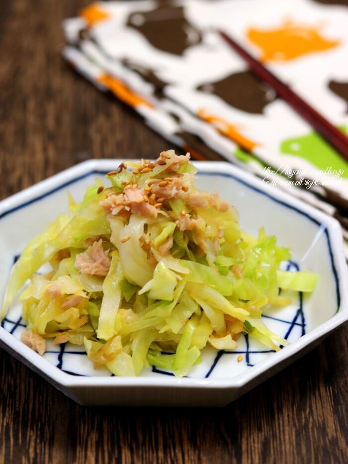 レンチンで完成!無限キャベツ・ツナ入り、中華味。