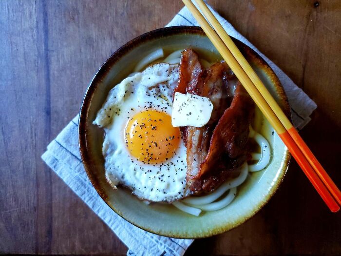 作ってみた!ベーコンエッグうどん。