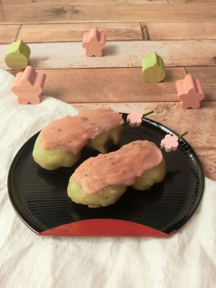 電子レンジ★抹茶の桜あん団子