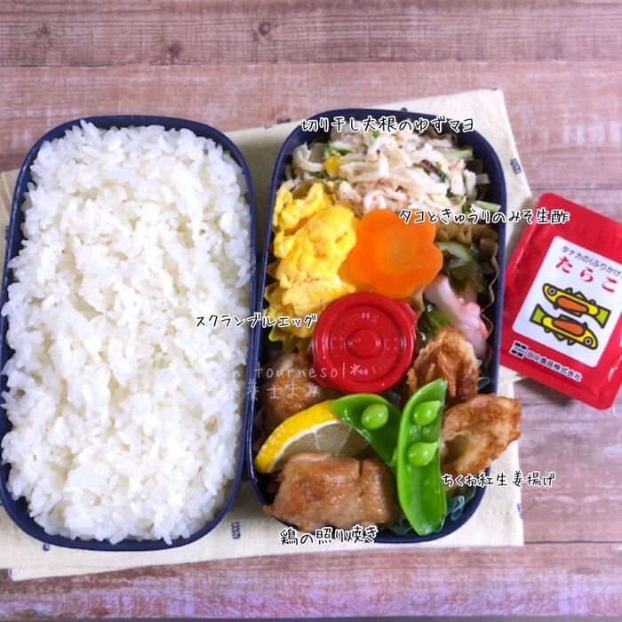 娘ちゃん手作りスクランブル入り!主人弁当【わかめとしらすのみそ生酢】