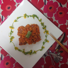 🍴🍴🍴じじいの作る、easyチキンチリソース 時短、簡単、輪になったアスパラ菜🍴🍴🍴