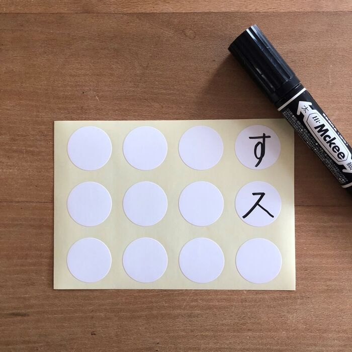 シールに文字を書き、キャップにはる