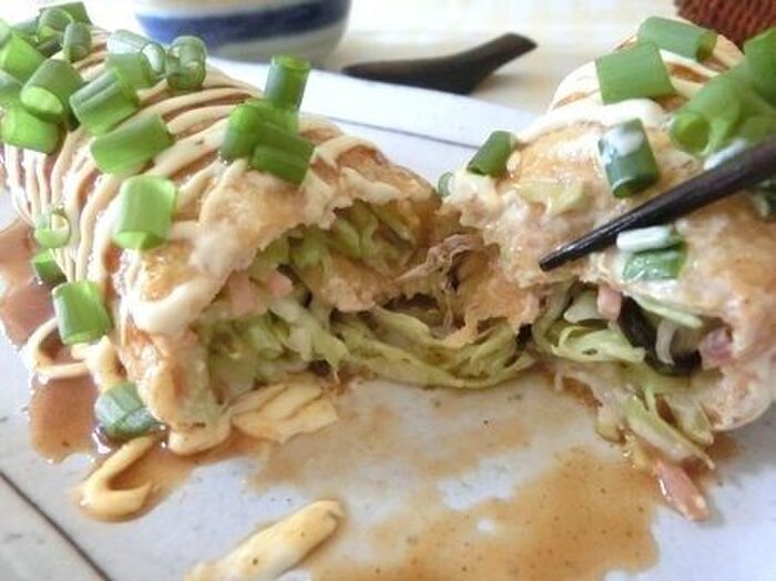 粉・肉不使用☆ 油揚げでチーズ入りロールお好み焼き風