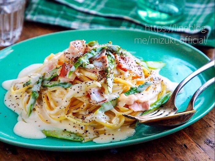 ♡ベーコンとアスパラのクリームパスタ♡【#牛乳#バターなし#生クリームなし#簡単レシピ】