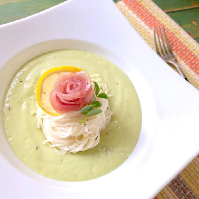 【ミキサーで混ぜるだけ‼】便通改善でデトックス効果☆アボカドソースのそうめんカッペリーニ