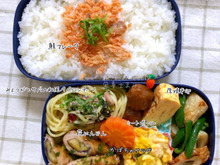 夏野菜を入れて疲労回復に!主人弁当【ナス豚巻きの生姜あん・みょうがとサバの和風ペペロンチーノ】