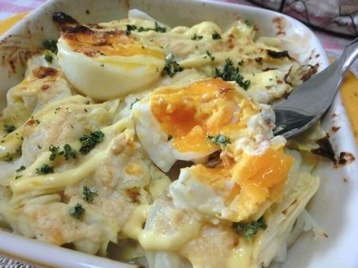 具は2つなのにコクうま♪ キャベツと半熟たまごの味噌マヨグラタン