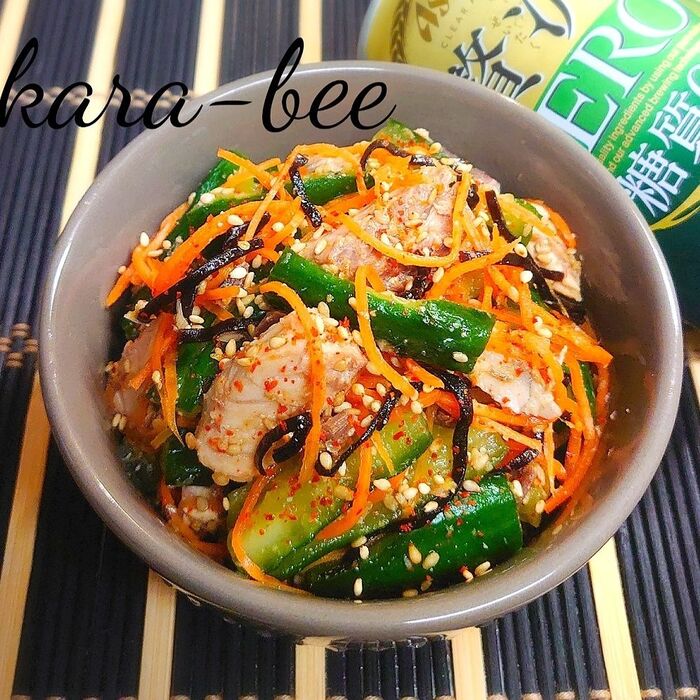 ヘルシーおつまみ♪鯖缶とたたきキュウリの塩こんぶラーポンサラダ