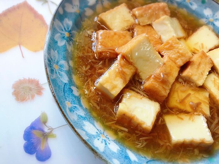 材料2つで簡単おかず♡絹厚揚げの〜なめ茸あんかけ豆腐♡