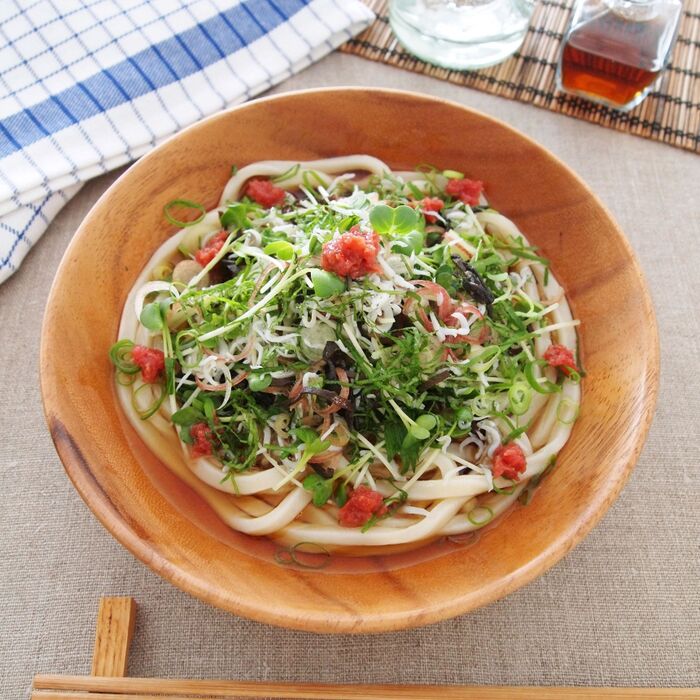 夏にうれしい！冷たいうどんレシピ「しらすとたっぷり薬味のサラダうどん」