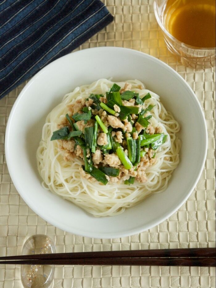 具はレンジで!ニラそぼろそうめん