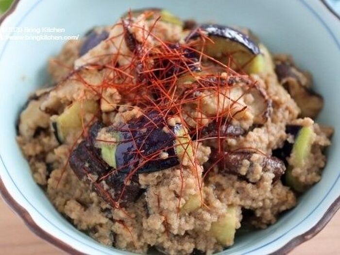 コールドスタートでしっとり♡【レシピ】茄子と椎茸の中華風ひき肉餡