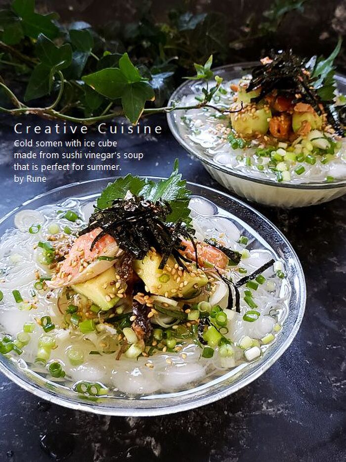 ひんやり氷♪サッパリそうめん鮭茶漬け風