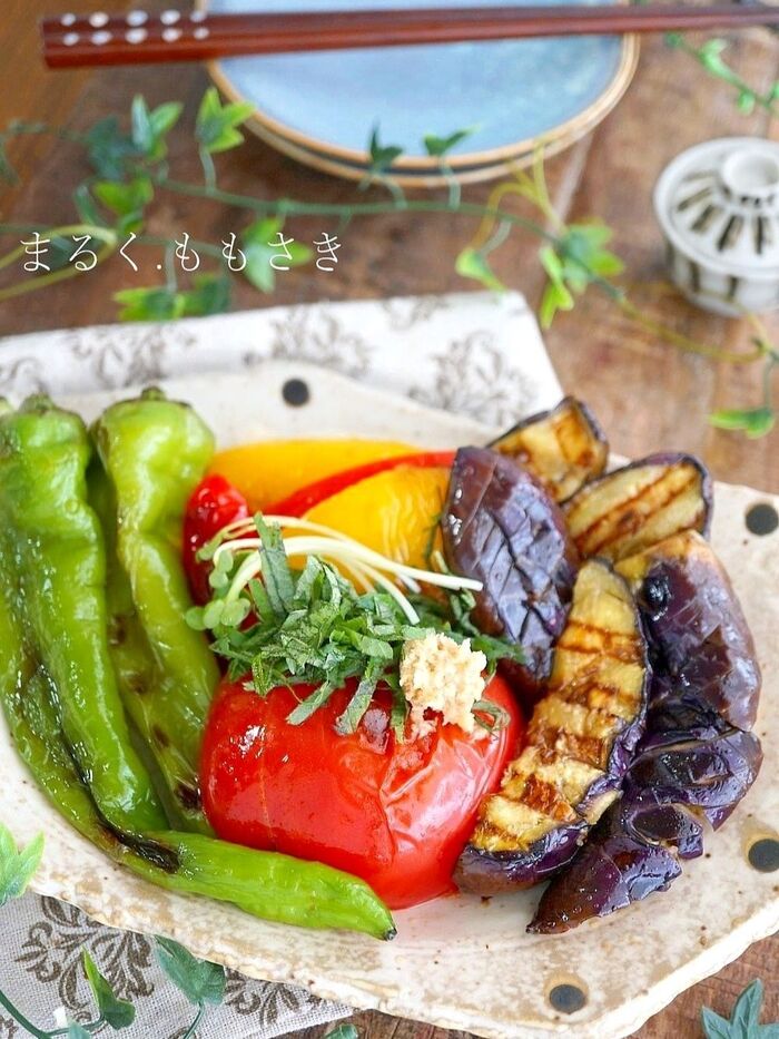 揚げずにこのコク❤麺つゆで簡単～夏野菜の焼きびたし