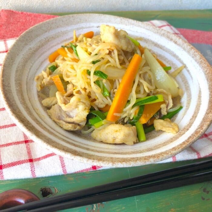 【下ゆで&油不要!】糸こんのカレー味チャンプルー☆便通よくして肥満予防!