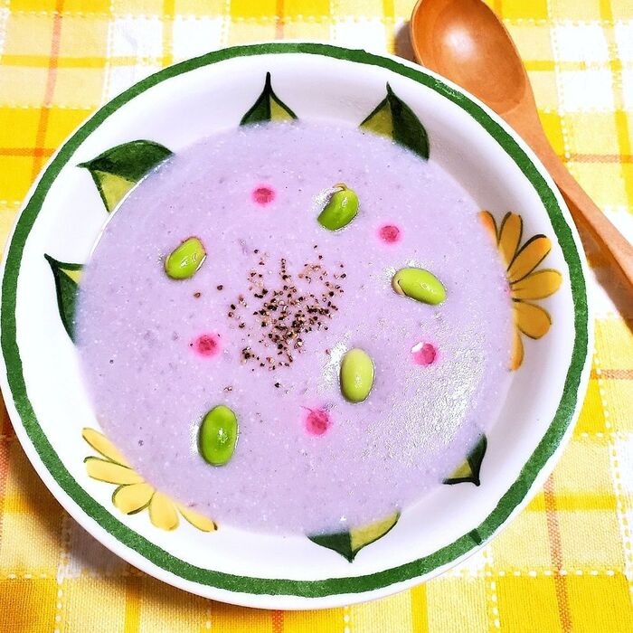 レモンでピンクに色変🎵紫じゃがいものポタージュ