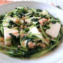 出汁いらず☆豆腐と豆苗と鮭フレークのさっと煮