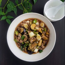 白ご飯のおかず♡【レシピ】茄子と長ネギのひき肉餡