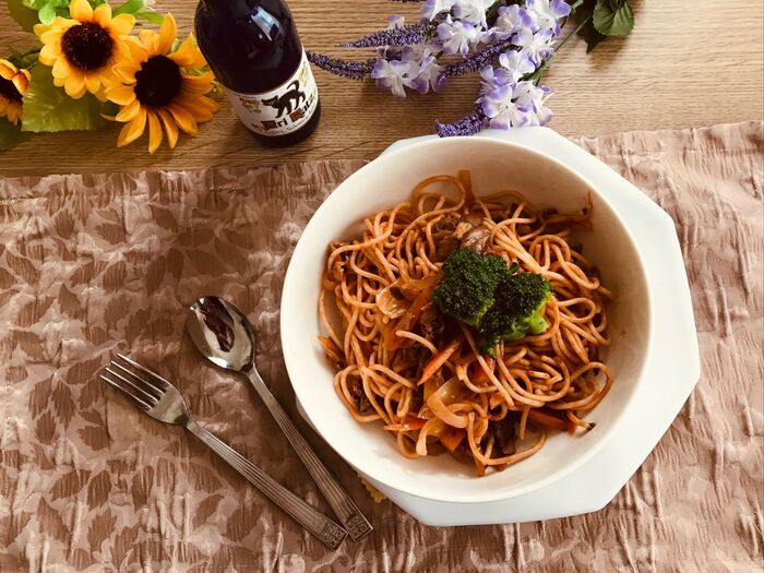 牛バラ肉とナスと舞茸のパスタ
