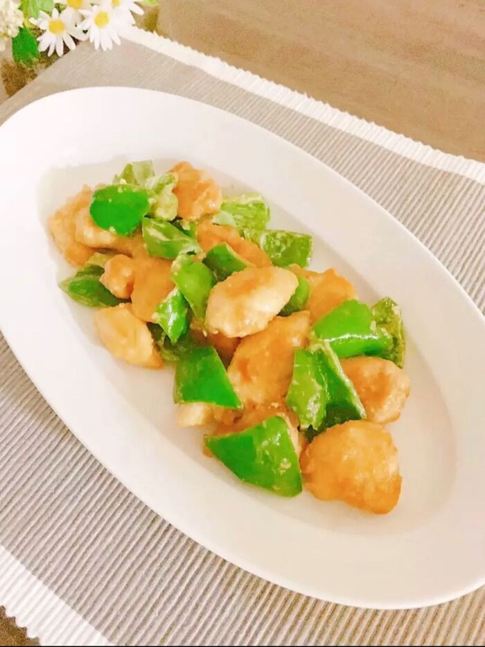 ささみとピーマンの醤油マヨ炒め♪