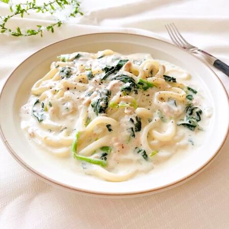 ツナとほうれん草のクリーミィうどん♪
