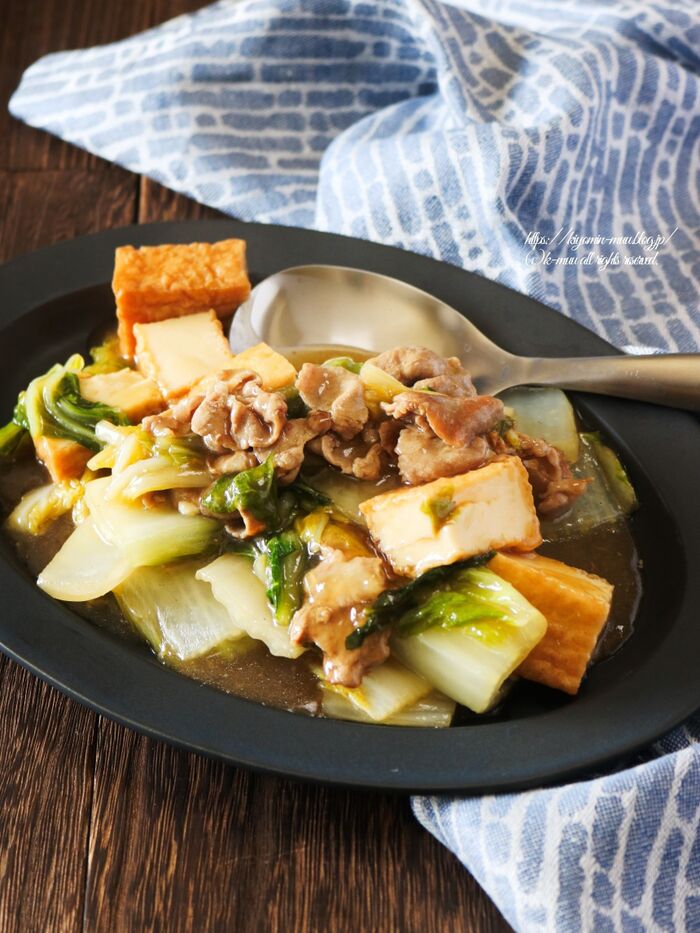 白菜と厚揚げ、豚肉の生姜とろみ餡。