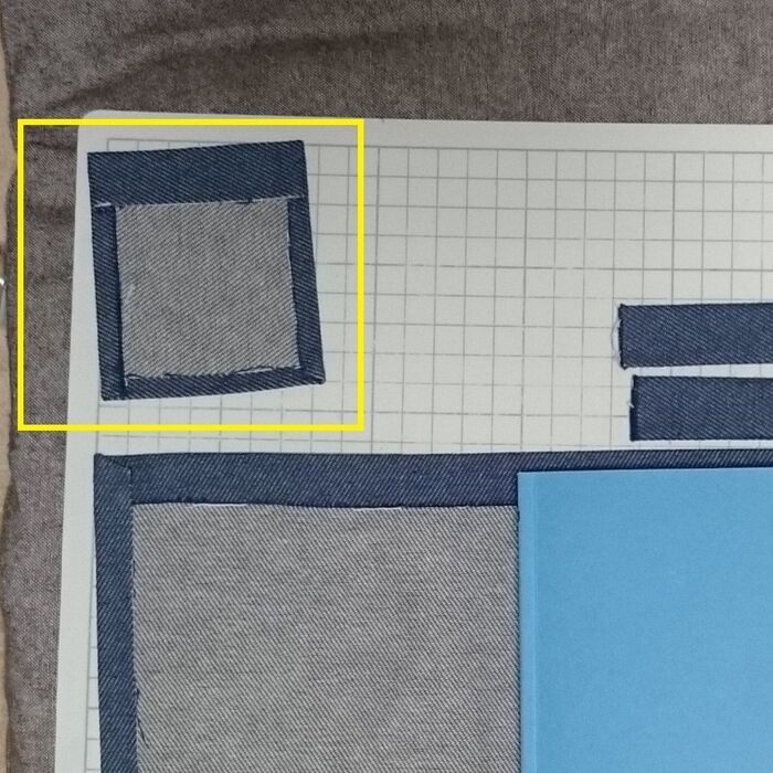 内側ポケット用の布を1枚裁断し、アイロンテープで張りあわせる。