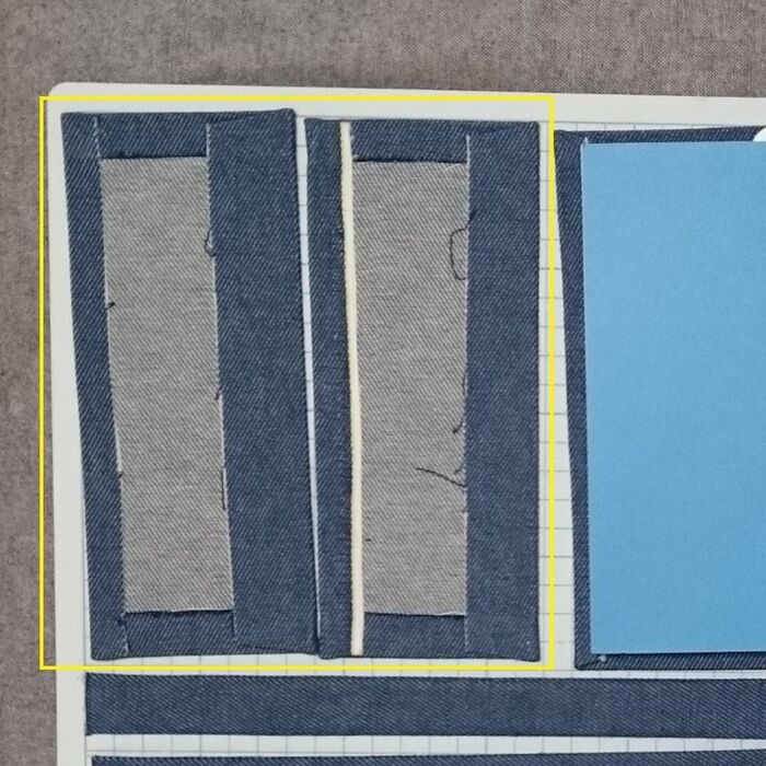 内側部分2枚分の生地を裁断し、アイロンテープで張りあわせる。