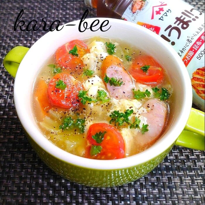 ミニトマトとキャベツの♪これうまコンソメ卵スープ