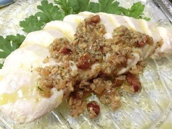 フライパンで失敗知らず☆ 鶏むねコンフィの食べるオリーブオイルかけ