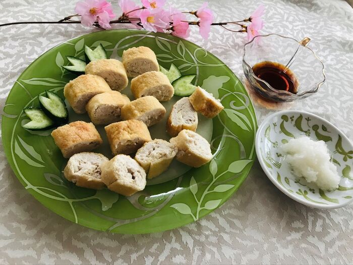 鶏ミンチで油揚げロール^O^☆♪