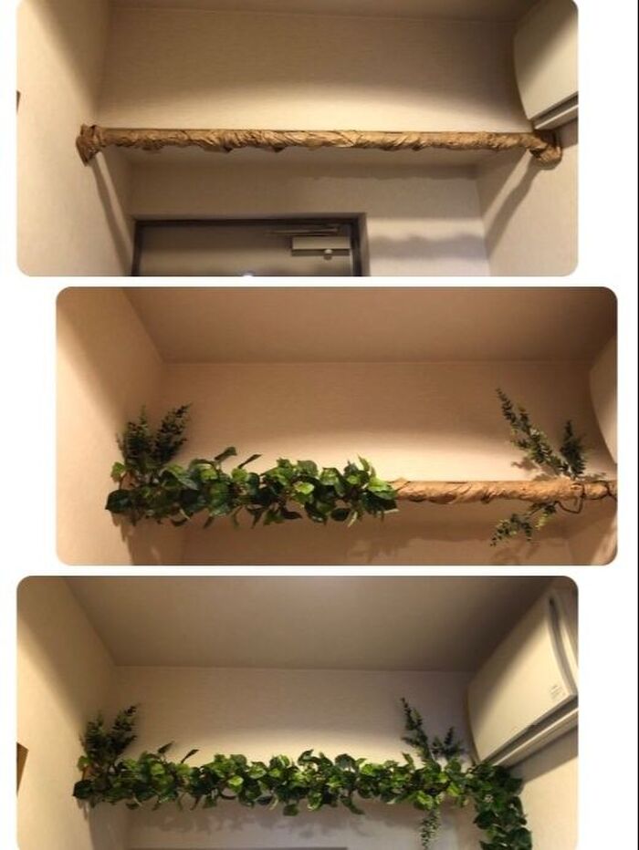 クラフト紙をねじりながら巻き付けた後、フェイクグリーンを付けます