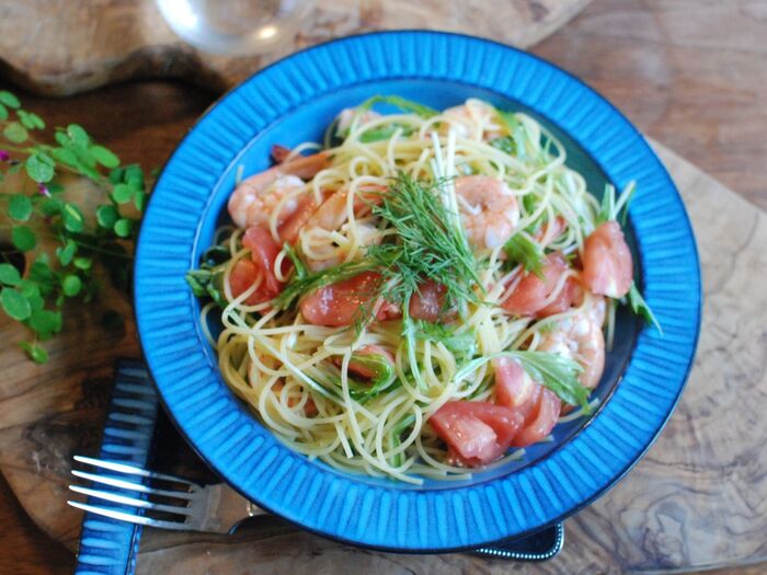 ☆海老とトマトと水菜の冷製パスタ☆