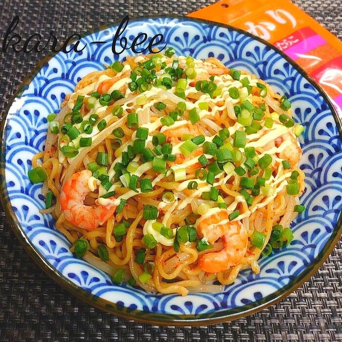 おつまみ炭水化物♪明太オイマヨ海老もやし焼きそば