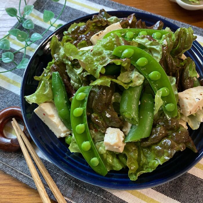 スナップエンドウと豆腐のやみつきサラダ