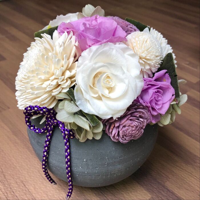 お盆に☆お供え花作ってみました☆和のプリザーブドフラワーアレンジ