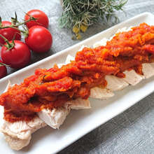 レンジで簡単♪蒸し鶏にカボチャトマトケチャコンソメだれのせ(鶏胸肉、鶏肉)