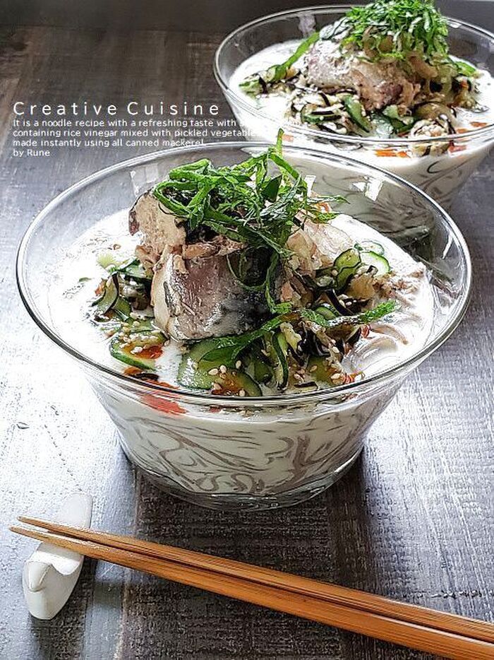 10分de切って混ぜるだけ☆丸ごとサバ缶の即席漬けの酢豆乳サッパリ麺