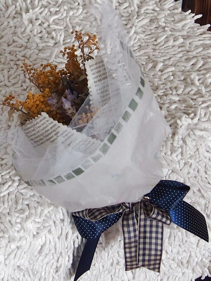 「自作トレーシングペーパー使い」で、「ミモザのリース」が「ブーケ」に変身!!