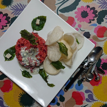 💞💓💖💛💓❤ ゴルゴンゾーラされた・・・ビーツのリゾット、カニ煎餅の応酬!!