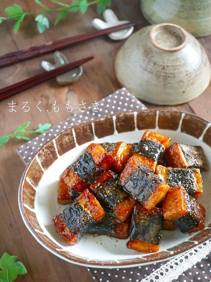 甘辛たれをジュ~と絡めた♪もっちり厚揚げの磯辺焼き