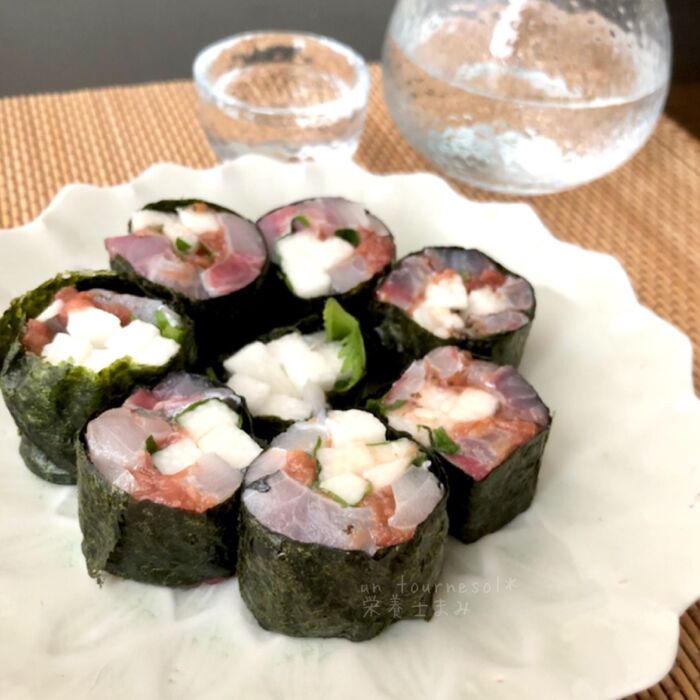 【刺身パックでもOK!簡単おつまみ】アジと山芋の梅しそ砧巻き #切って巻くだけ! #酒の肴