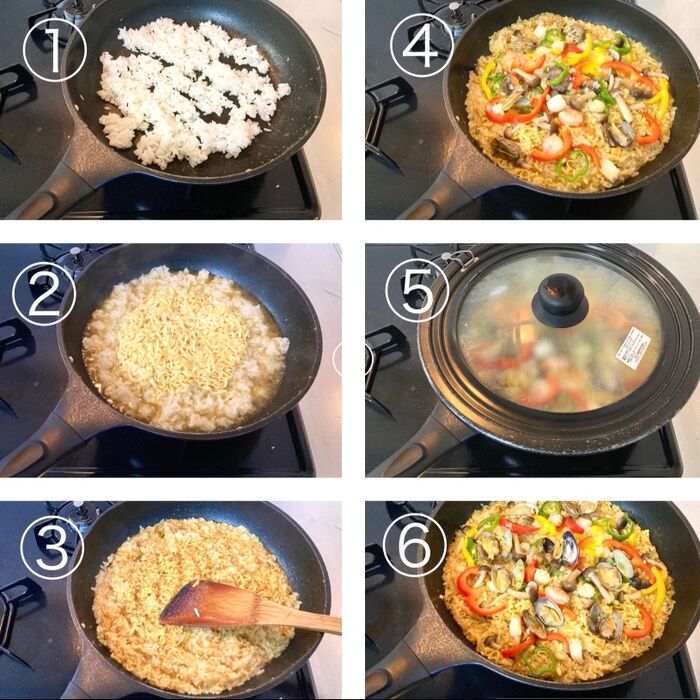 ③ご飯・ヌードル・カレースープの素を入れ、具材を加え焼く