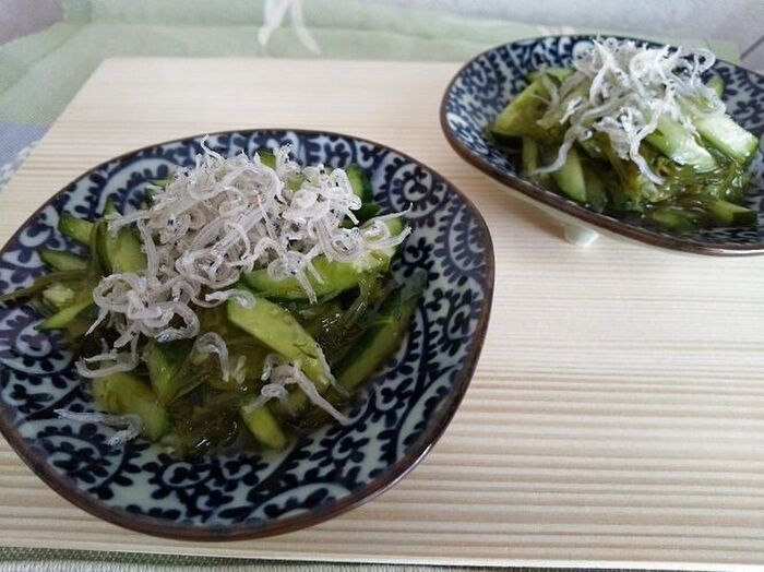 きゅうり、めかぶ、ちりめんじゃこの和え物